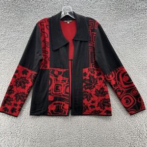 Caamano Sweater Womens Medium Black Red Alpaca Open Grandma Boho Art Cardigan